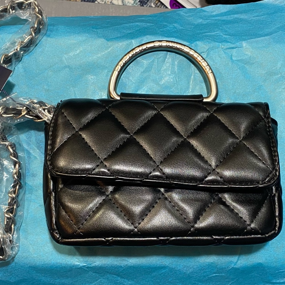 French Connection Black Quilted Mini Bag with Chain Handle